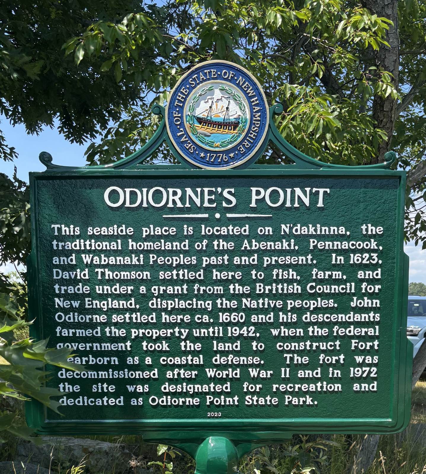 New Hampshire state historical marker for Odiorne’s Point, Rye — the 2023 text quoted in this section